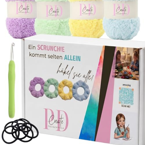 Häkelset für Kinder ab 8 Jahren – 4x 50g Wolle - bis zu 150 Scrunchies - Komplettes Haargummi Häkel-Set für Anfänger inkl. Video-Anleitung – DIY Kreativ Set & Mädchen Geschenk – Häkelnadel 8mm