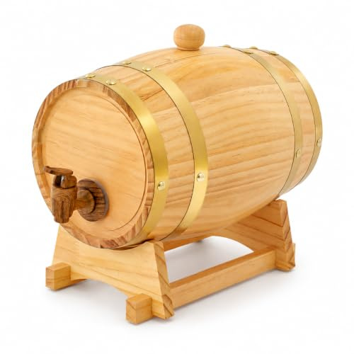 3L Holzfass mit Ständer & Zapfhahn, original Weinfass aus Kiefernholz für Whisky, Wein & Bier, Bierfass zum selber Befüllen, Dekofass für Spirituosen Lagerung, Haus & Party