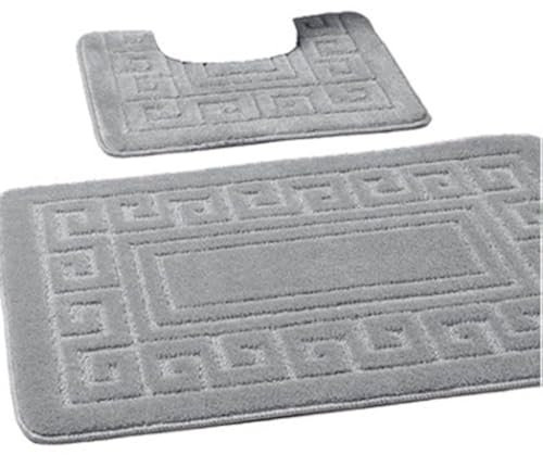 EDS Luxury 2 Piece Greek Bath Mat Set Non Slip Ultra Soft Bathroom Mats Water Absorbent Bath Mats Machine Washable Rug Toilet Mat for Bathroom Floor (Silver)