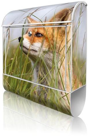 banjado Design Briefkasten 38,5x46,5x13cm & 2 Schlüssel - Briefkasten Stahl Weiß mit Zeitungsfach pulverbeschichtet - Postkasten A4 Einwurf inkl. Montagematerial - Motiv Fuchs