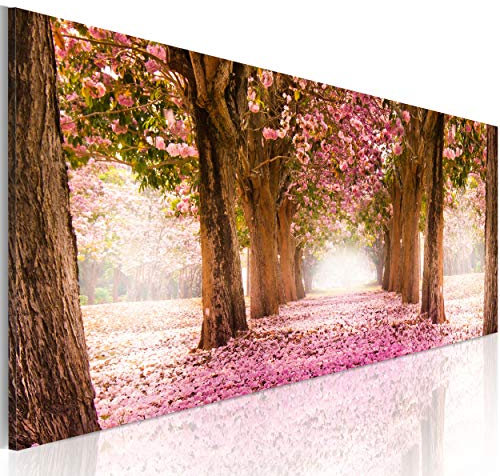 decomonkey Bilder Blumen Landschaft 120x40 cm 1 Teilig Leinwandbilder Bild auf Leinwand Vlies Wandbild Kunstdruck Wanddeko Wand Wohnzimmer Wanddekoration Deko Natur Wald Alee
