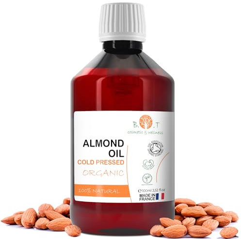 Olio di Mandorle Biologico, Estratto a Freddo, Puro, Naturale. Olio per Massaggi, Capelli e Ciglia, Idratante Corpo (Mani, Unghie), Viso (Anti-Aging), Smagliature in Gravidanza - 100 ml