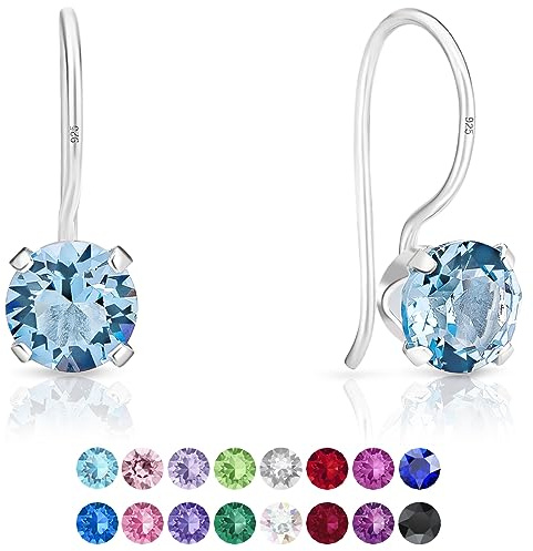 DTPSilver - Damen Haken Ohrringe 925 Sterling Silber mit Kristallen von Swarovski® Elements 6 mm Runde - Farbe : Aquamarin