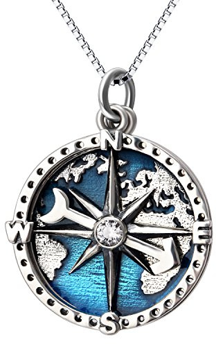 YFN Halskette mit Kompass-Anhänger, Sterlingsilber, Marineblau, Anker, Reisekarte, Schmuck für Damen und Herren, 45,7 cm + 5,1 cm