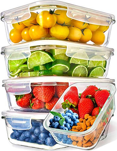 [5-Pack] Food Prep & Storage Glass Containers with Lids - Airtight Glass Meal Prep Containers Reusable (1060 Millilitres - 1 Compartment)