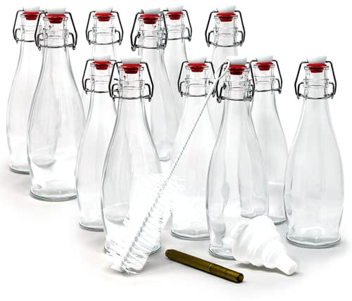 Nevlers 17 Oz Teardrop Flip Top Glass Bottle with Stopper 12 Pack | Swing Top Glass Bottles with Airtight Lid, Funnel, Brush, Tags, Marker & Shrink Wrap | Soda Bottles | Air Tight Bottle For Liquids