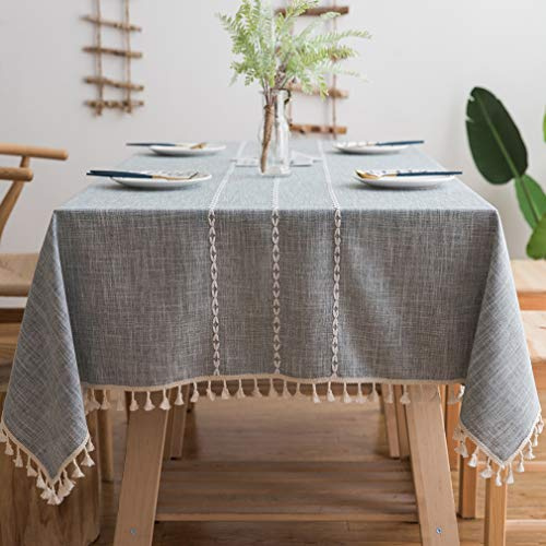 Pahajim Tischdecke Rechteckig Baumwolle Leinen Tischdecke Abwaschbar Elegante Gestreift Tischtuch mit Quasten Küchentischabdeckung für Speisetisch,Outdoor(Grau, 140 x 300 cm)