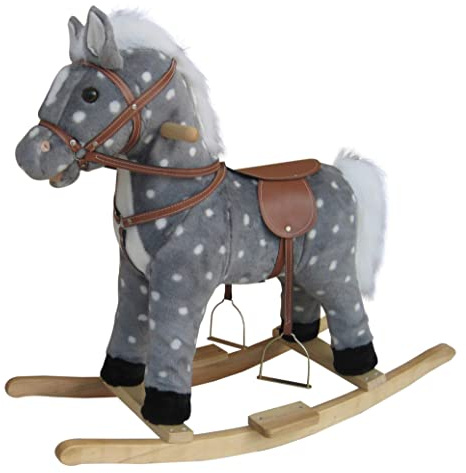 Nuovo Peluche Cavallo a Dondolo - Grigio/Bianco Deluxe Con Criniera Sella Briglia Staffe Legno Rockers 12m Include Suono Effetti