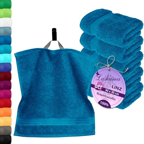 Lashuma Waschlappen Set 6 teilig, kleine Gästetücher Blau Petrol, Linz Badezimmer Handtücher 30x30 cm