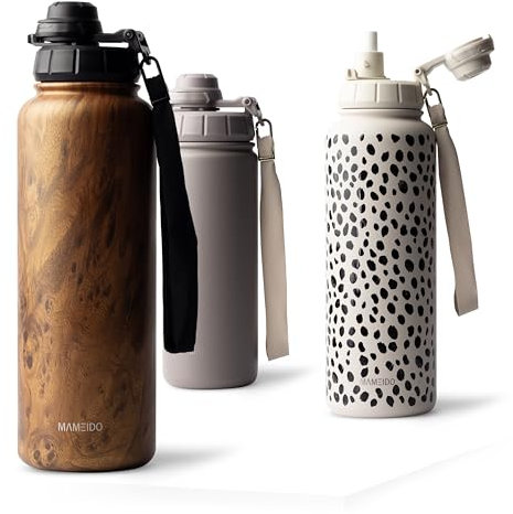 MAMEIDO Thermosflasche mit Strohhalm 1,2l, auslaufsichere Trinkflasche Edelstahl isoliert, Wasserflasche BPA-frei mit Trageschlaufe, Water Bottle Sport (Oak Wood, 1200ml)