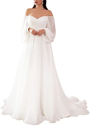 Shinroad - Vestito da donna a spalle scoperte con maniche a palloncino, vita alta e orlo che cade morbido, maxi abito da sera leggero alla moda, colore bianco, taglia XL
