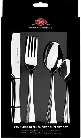 Tala Performance Stainless SteelCutlery Set- 16 Piece Flatware & Tableware Set - Mirror Polished Silverware Designed for Any Dining Occasion - Knife, Fork, Dessert Spoon & Tea Spoon Set