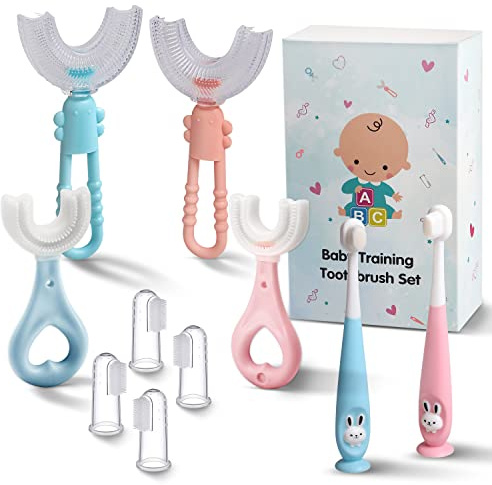 Baby Toddler Infant Toothbrush 6 to 12 Months and Up Age 1 2 3 1-2 2-4 Year Old, 10 in 1 Toothbrushes Gift Set with Soft Finger U-shaped Brush Brushing Bristles for Newborns Kids Children Child