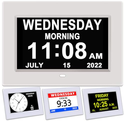 AINFTIME DST Clock with Day and Date for Elderly-3 Display Digital Calendar Alarm Day Dementia Alzheimers Clock with Extra Large Display (7in White)