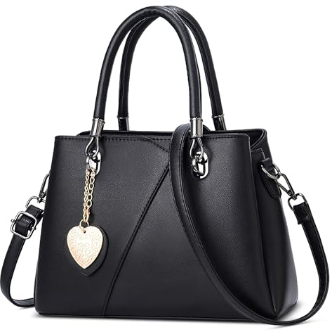 FOLOVEYA Handtasche Damen mittelgroß Henkeltasche PU Leder Umhängetasche | Damenhandtasche mit Herzanhänger und verstellbarem Schultergurt, elegante Arbeitstasche für Büro, Shopping, Reisen und Alltag