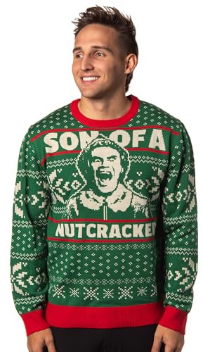 Bioworld ELF The Movie Men's Buddy Son of a Nutcracker Ugly Christmas Adult Holiday Knit Pullover Sweater, Green, Medium
