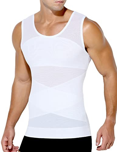 Casey Kevin Compression Vest Shirt Men Slimming Body Shaper Chest Tummy Control Shaperwear Mesh Tank Tops Tight Vest Undershirts, White, L