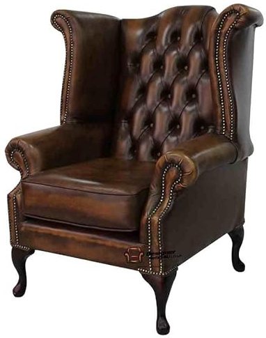 Chesterfield Queen Anne High Back Wing Chair Antique Tan Leather| Modern Leather Accent Club Chairs with Rolled Arms for Bedroom Reading Room Home Office| Upholstered Wingback Chair