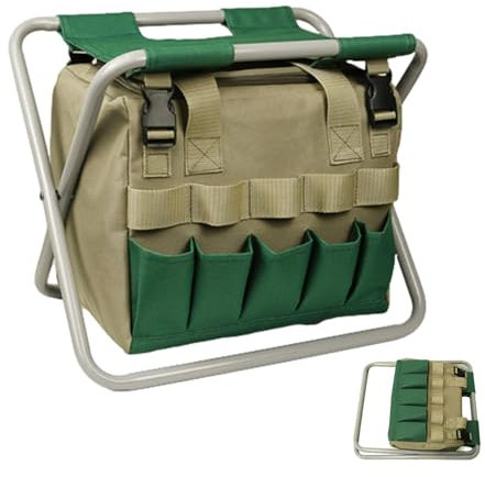 Veeteah Sgabello pieghevole da giardino | Sgabello da campeggio con tasca per attrezzi rimovibile – Sgabello portatile da giardino per sport all'aria aperta, pesca, giardino, escursionismo