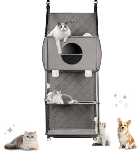 Wakytu Hängender Kratzbaum - Tür montiert Climber Katze Wand Katze Hängematte für Indoor, Hanging/erhöhte Bett - 4 Geschichte mit abnehmbaren Kissen, Ball Spielzeug und Rollolo Katzenmöbel