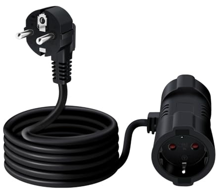 HuaLiSiJi Prolunga Doppia Schuko 16A 250V Cavo di Prolunga con 2 Prese Schuko 90 Gradi 3x1.0mm² Contatto di Protezione Presa IP44 per Esterno o Interno, Casa, Ufficio (Nero, 1.5m)