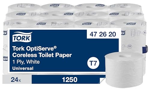 Tork OptiServe 472620 Sleeveless Toilet Paper White T7, 24 × 1,250 Sheets | Universal, 1-Ply