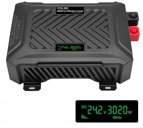 DATOUBOSS Inversor Onda Pura 12V/24V a 230V Convertidor Universal Sinusoidal Puro de 3000W de Doble Voltaje con Sistema de detección Inteligente, con LCD Display, USB, Interfaz Type-C y Toma 2 EU