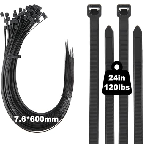 120 lbs Cable Ties Heavy Duty 100 Pack, 24 inch Long Zip Ties, 600 mm x 7.6 mm Black Nylon Plastic Self Locking Cable Wrap with UV Resistant for Tidy Wires, Workshop, Home, Garden and Outdoor