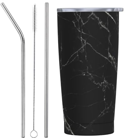 Vaso de 20 onzas con tapa y popote, vaso aislado de mármol negro, vasos de acero inoxidable, vaso de café personalizado, botella de agua