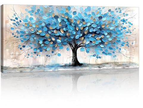 FjerminArt Stor Modern Bild Kanvastryck Ram Abstrakt 3D Blå Guld Blommande Träd Målning Moderna Bilder Vardagsrum Sovrum Väggdekoration 100 x 50 cm