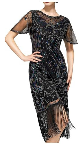 20er Jahre Kleid Damen Gatsby 1920er Kleider Fransenkleid Grün Schwarz Flapper Dress Kurz Charleston Kostüm Paillettenkleid Mesh Fasching Karneval Fransen
