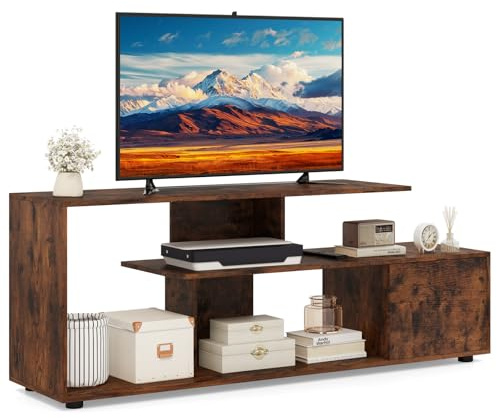 COSTWAY Mobile TV Soggiorno Fino a 55'', 3 Ripiani Asimmetrici(Industriale) | Console Media con Ripiani di Stoccaggio e Armadietto, Mobile TV con Cassetto, 5 Gambe di Supporto