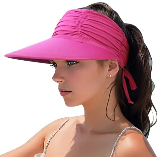 DRESHOW Kvinnor Visir Sol hatt Bred brim justerbar vikbar hästsvans strand sommar UV skydd utomhus mossa UPF 50+