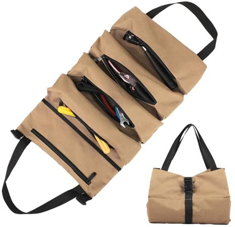 Bolsa de Herramientas Enrollable de Lona – Estuche con 5 Bolsillos con Cremallera – Para Electricistas, Fontaneros, Carpinteros, Hogar, Coches y Motos (Caqui)