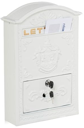 Relaxdays Boite aux Lettres, Design rétro, 2 clés, Jolis détails, H x L x P : 42 x 28 x 10 cm, Blanc et doré