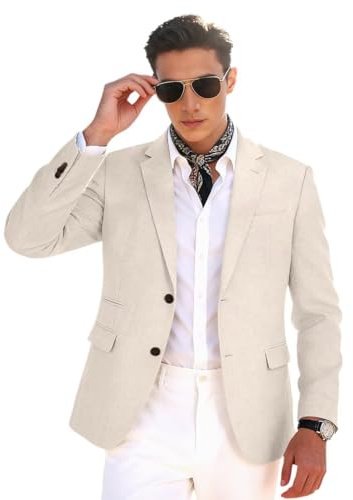 Linen Mens Suit Jackets Casual Two Button Slim Fit Blazers Suit Separates Coat Sport Coats with Pockets for Wedding Prom Party Beige XL