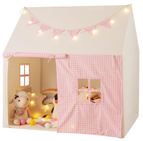 Maxmass Kids Play Tent, Large Children Playhouse with Star Lights, Soft Cotton Mat, Decorative Flags, Cute Windows, Indoor Outdoor Toddler Play House Princess Tent for Girls Boys (Pink)