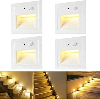 GEYUEYA Home LED Treppenbeleuchtung mit Bewegungsmelder Warmweiß 4er Set- Treppenlicht, IP65 Wasserdicht, 230V, 3W, Aluminuim(Weißes)