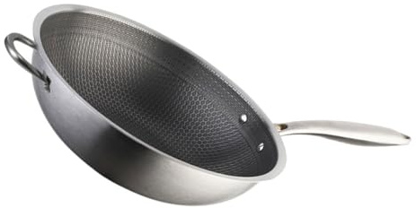 Cabilock Poêle à Frire Wok 32 Cm Acier Inoxydable Nid D'abeille Double Manche Compatible Cuisinière Gaz Usage Polyvalent La Cuisine Quotidienne