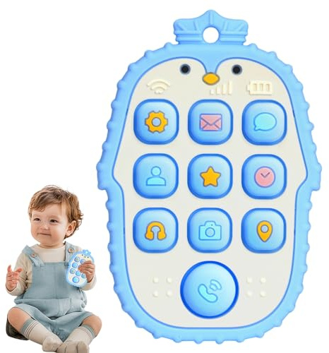 Aolso Beißring Baby, Silikon Beißspielzeug, Cartoon-Handy-Beißring, Silikon Baby Kauspielzeug, BPA-frei, Beruhigt Babys Wundes Zahnfleisch, Beißspielzeug Baby für Jungen & Mädchen(Blau)