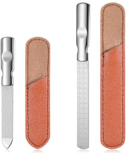 Professional Fingernail Files, 2 PCS Metal Nail Files for Women Double Sided Stainless Steel Nail File Non-Slip Fingernail File with PU Leather Case for Women Men Natural Nails Manicure Pedicure Tool