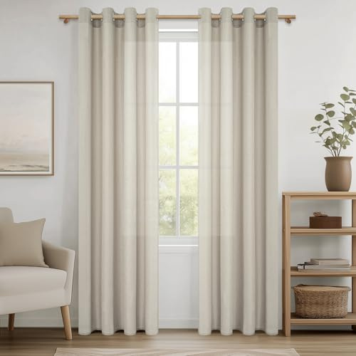 MRTREES Vorhang Leinen Beige 2er Set 230 cm Lang 140 cm Breit, Ösenvorhänge Halbtransparent für Wohnzimmer, Moderne Gardinen im Leinenlook für stilvolle Fensterdekoration