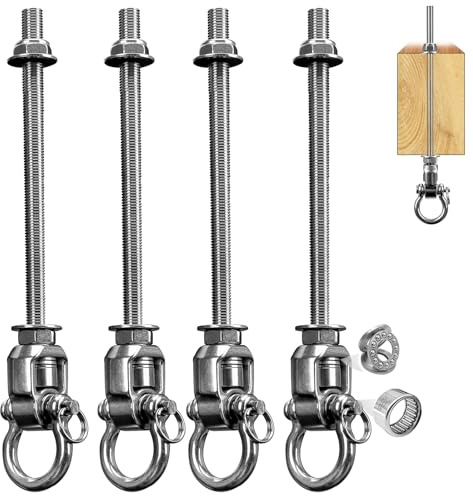 Lot de 4 Crochet de Balançoire, Acier Inoxydable 304, Crochet Lourde M10 Résistant Jusqu'à 453 kg, Rotation 360° + Pivot 180°, Support pour Poutre Bois Plafond Béton, Hamac Sac de Frappe Balançoire