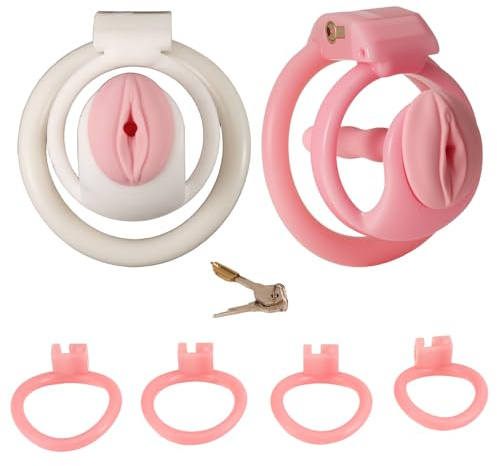 Neu sissy Peniskäfig Harz Chastity Cage mit 4 Cockring ＆ Fake Frau Pussy Penis Plug Set Chastity Cage Harnröhrendehnung Keuschheitskäfig BDSM Fetisch Extrem Penis Bondage Sexspielzeug für Männer(Weiß)