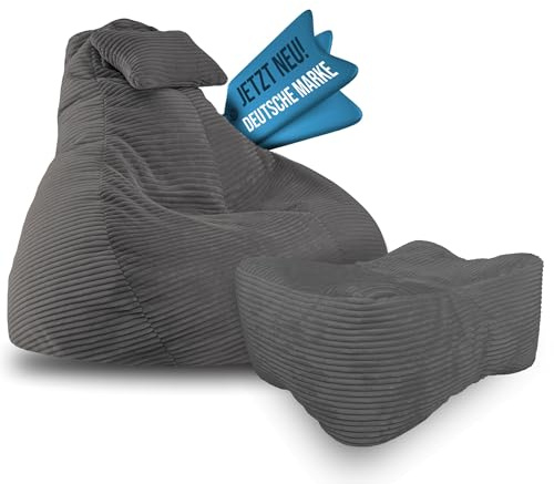 LazyCloud Sitzsack für Erwachsene mit integrierter [Nackenstütze] Cord | XXL Indoor Bean Bag mit Füllung | perfekt als Chill-, Lese- oder Gaming Sessel (90 x 80 x 70 cm) (Sitzsack & Hocker Anthrazit)