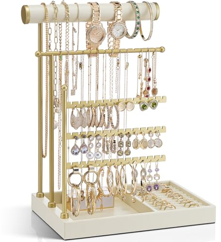 VLANDO Schmuckständer, Schmuckaufbewahrung mit Ablage, Zimmer Deko | Schmuck Organizer display für Halsketten, Uhren, Ringe, Ohrringe, Armbänder, Armreifen, Sonnenbrillen, Beige