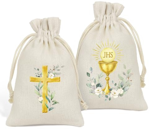 12x Jutesäckchen Taufe Kommunion 15x10 cm, Doppelseitiger Druck, mit Kordelzug, Geschenktüten Mitgebsel Kommunion Gastgeschenk Jutebeutel klein für Erstkommunion Konfirmation