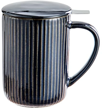 Yundu Taza de té de llama de cerámica de 470 ml con tapa y colador, taza de té grande a rayas - Flambe azul marino