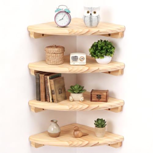 JUNFEIFLUX 4er Set Eckregal Hängend aus Kiefernholz, 18 cm Radius | Schweberegal aus Naturholz (8-12 kg Tragkraft). Ideales platzsparendes Wandregal für Wohnzimmer, Schlafzimmer und Büro.