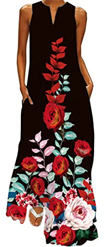 WINKEEY Damen Maxikleid Schmetterling Blumen Drucken V-Ausschnitt Böhmischer Plus Size Sommerlanges Kleid mit Taschen